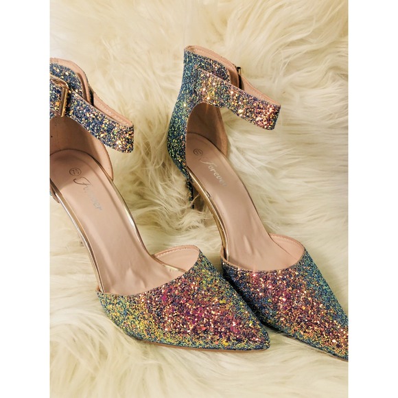 Forever Glitter Women's Ankle Strap Heels Rose Gold Green Wicked Ombre  Size 6.5 - Picture 1 of 16